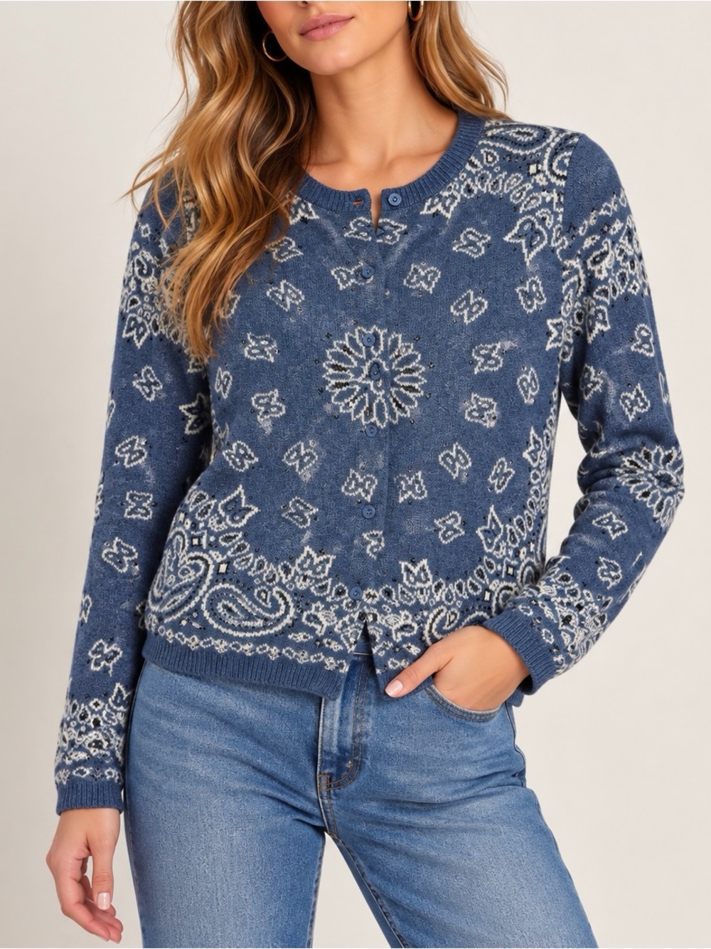 NWT: *Viral* Marled Bandana Cardigan Sweater, Blue, Size Medium